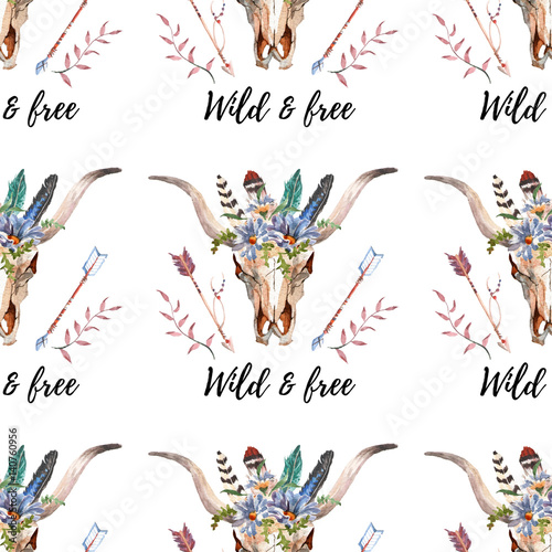 Watercolor boho skull Boho watercolor seamless pattern with feathers, flowers