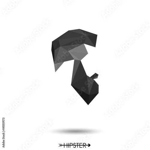 Plakat Hipster mężczyzna niski poli styl. Włosy i broda. Prosta konstrukcja logo, sylwetka. Ilustracji wektorowych.