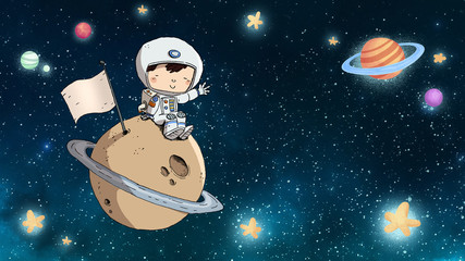 Niño astronauta sentado en un planeta con fondo estrellado