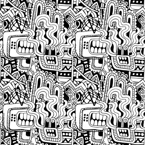 Zdjęcie XXL Graffiti bezszwowa tekstura z ogólnospołecznymi medialnymi znakami i innymi błyszczącymi ikonami. Ilustracja wektorowa z buta, tv, butelki, jedzenie, głowa potworów i inne rzeczy