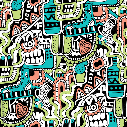 Zdjęcie XXL Graffiti bezszwowa tekstura z ogólnospołecznymi medialnymi znakami i innymi błyszczącymi ikonami. Ilustracja wektorowa z buta, tv, butelka, jedzenie, głowa potworów, liści