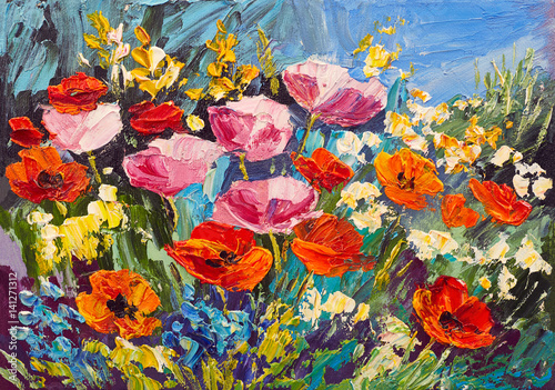 Fototapeta Oil painting of spring flowers on canvas, art work