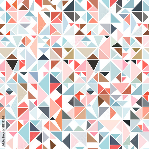 Seamless geometric pattern from triangles of different colors on a white background.