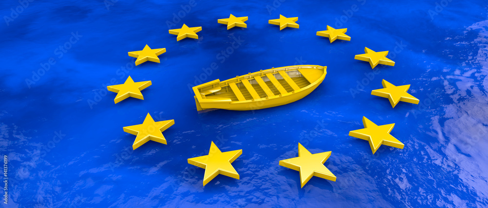 Europa Sterne - Grenzschutz auf dem Mittelmeer - Schlepper stecken Flüchtlinge in ein Boot