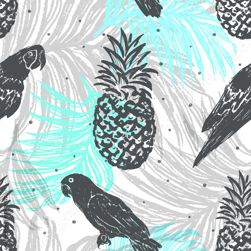 Naklejka na szybę Ink hand drawn Jungle seamless pattern with Parrots and Pineapples on Palm leaves background