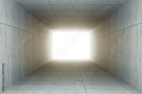 Plakat 3d rendering: ilustracja abstrakta kwadrata cementu betonowy tunelowy wnętrze, światło przy końcówką tunel, iść sukcesu pojęcie, abstrakcjonistyczny tunelowy tło