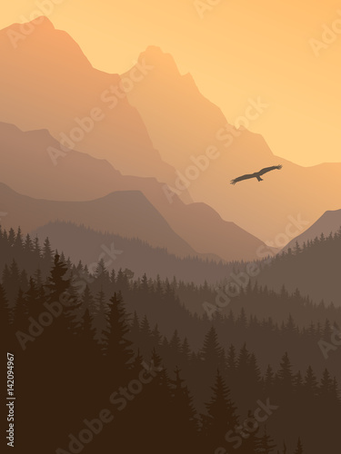 Fototapeta Vertical illustration of foggy sunset forest hills.