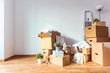 Move. Cardboard boxes and cleaning things for moving into a new home Move. Cardboard boxes and cleaning things for moving into a new home
