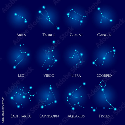 Zdjęcie XXL Wektor konstelacji. Dwanaście znaków zodiaku. Okrąg niebieski neon horoskop. Idealny do takich produktów jak t-shirty, poduszki, okładki albumów, strony internetowe, ulotki, plakaty i wszelkie projekty