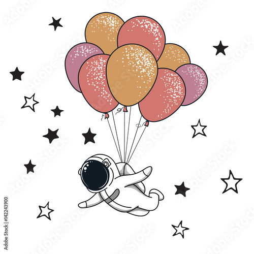 Obraz na płótnie lecący astronauta z balonami na białym tle