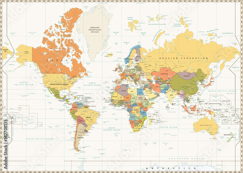 Fototapeta World Map isolated on retro white color background with labeling
