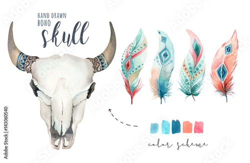 Fototapeta Watercolor bohemian cow skull. Western mammals. Watercolour hipster deer boho decoration print antlers. flowers, feathers. Isolated on white background. Boho style. Hand drawn ethnic themed design.