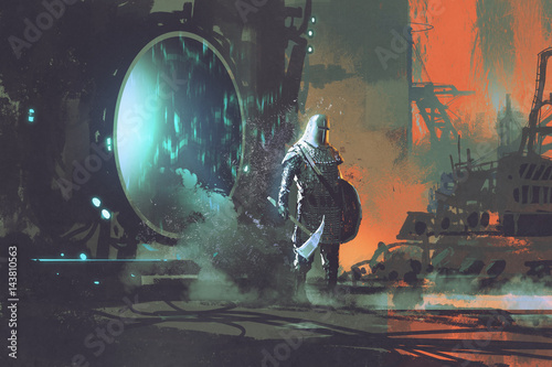Plakat rycerz templariuszy chodzenie przez futurystyczny portal, koncepcja science-fiction, ilustracja malarstwo