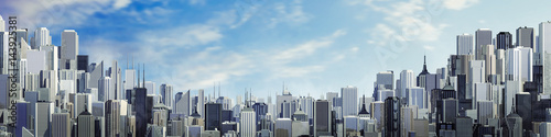 Day city panorama copy space / 3D illustration of daytime modern city under blue sky with copy space
