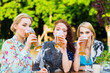 Frauen trinken Bier im Biergarten Frauen trinken Bier im Biergarten