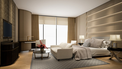 Modern hotel room with tv and window