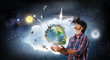 Man in virtual helmet . Mixed media Man in virtual helmet . Mixed media