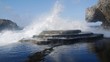 Mesmerizing splash against a stone platform Giant waves crash against a rocky platform producing beautiful water formations. Mesmerizing splash against a stone platform Giant waves crash against a rocky platform producing beautiful water formations.