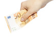 Hand mit neuem 50 EURO Geldschein in der Hand Hand mit neuem 50 EURO Geldschein in der Hand