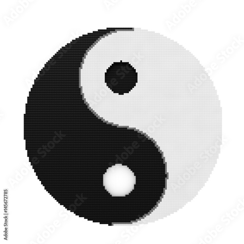 Plakat Yin Yang Symbol harmonii i równowagi w Pixel Art Style. Renderowanie 3D
