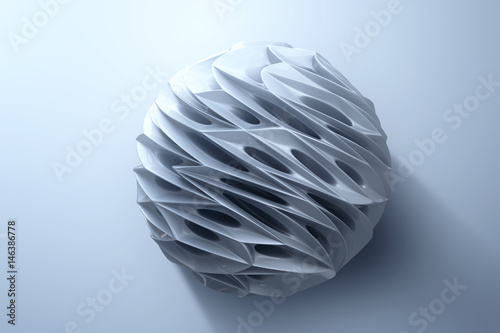 Fotoobraz na płótnie Abstrakcjonistyczny 3d rendering wysoka poli- srebna sfera z chaotyczną strukturą na białym tle. Fantastyka naukowa tło z wireframe i kula ziemska w pustej przestrzeni. 3d rendering