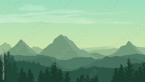 Fototapeta Landscape with green silhouettes of mountains, hills and forest and clouds in the sky - vector illustration