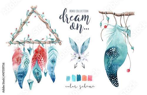  Isolated Watercolor decoration bohemian dreamcatcher. Boho feath