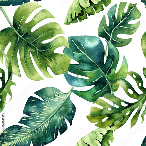 Seamless watercolor pattern of tropical leaves, dense jungle. Ha © kris_art