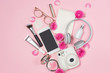 Fashion Cosmetic Makeup with Rose. Flat lay, top view on pink background Fashion Cosmetic Makeup with Rose. Flat lay, top view on pink background