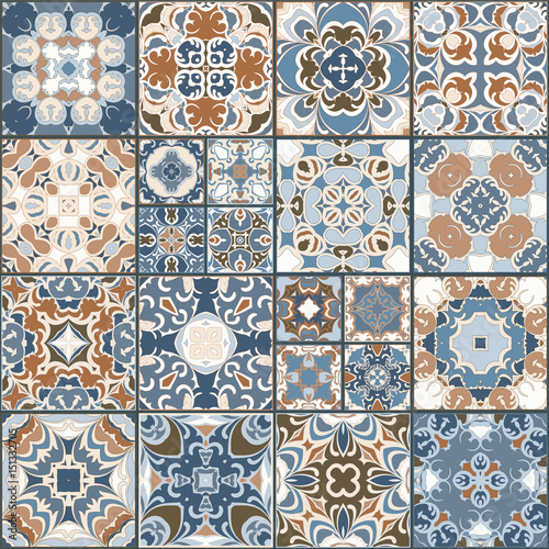  A collection of ceramic tiles in retro colors. A set of square patterns in ethnic style. Vector illustration.