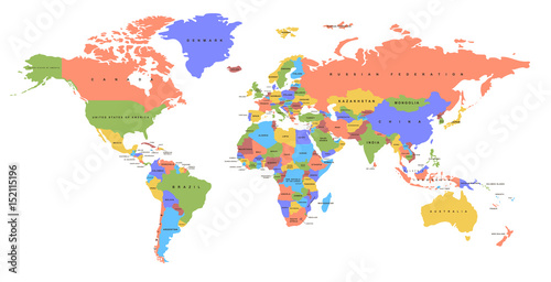  Color world map with the names of countries. Political map. Every country is isolated.