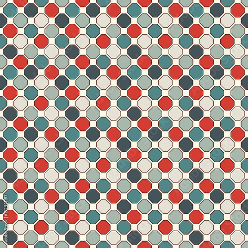 Fototapeta Repeated octagons stained glass mosaic background. Retro ceramic tiles. Seamless pattern with geometric ornament.