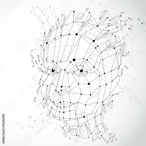 Fototapeta Smart person and mind concept, human head exploding and breaks into multiple fractures.3d vector illustration of thoughtful woman face created in low poly modernized style and with lines mesh.