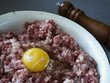 Minced meat for cutlets with raw egg in an enamel bowl. Minced meat for cutlets with raw egg in an enamel bowl.
