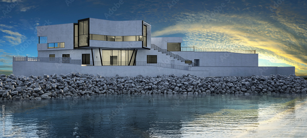 Villa am Meer im Abendlicht