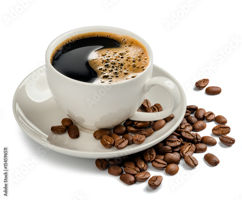 Coffee cup and coffee beans on white background
