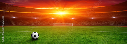 Fototapeta Soccer ball on green stadium