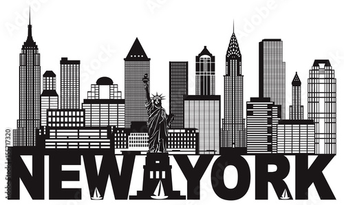  New York City Skyline and Text Black and White vector Illustration
