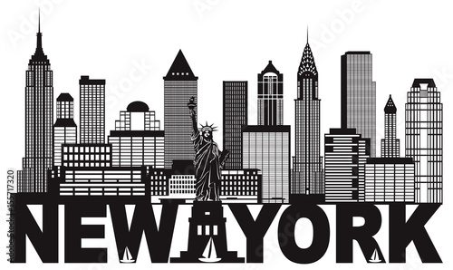 New York City Skyline and Text Black and White vector Illustration