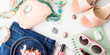 Summer color lifestyle woman clothes flat lay with accessories, make up and sandals Summer color lifestyle woman clothes flat lay with accessories, make up and sandals