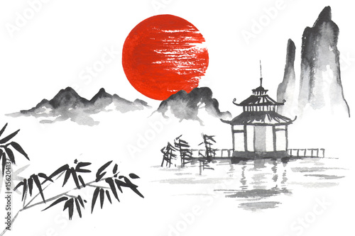  Japan Traditional japanese painting Sumi-e art Sun Mountain Temple Bamboo