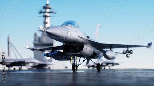 Fotoobraz na płótnie Jet f16, myśliwiec na lotniskowcu w morze, ocean. Koncepcja wojny i broń. 3d rendering.