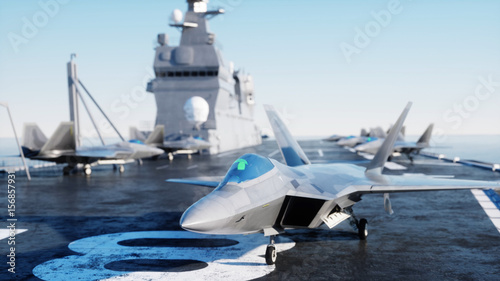 Fotoobraz na płótnie Jet f22, myśliwiec na lotniskowcu w morze, ocean. Koncepcja wojny i broń. 3d rendering.