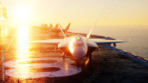 Fotoobraz na płótnie Jet f22, myśliwiec na lotniskowcu w morze, ocean. Koncepcja wojny i broń. 3d rendering.
