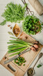 Green onion, dill on the cutting board, topshot Green onion, dill on the cutting board, topshot