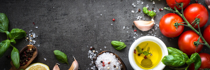 Ingredients for cooking. Food background. Long banner format.
