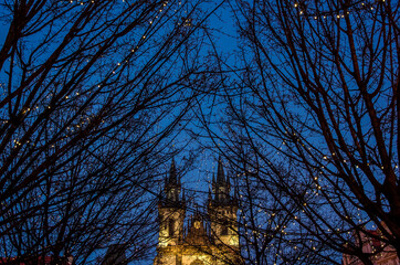 Church of Our Lady before Týn late at night, Prague, Czech Republic, Western Europe. January 7, 2014