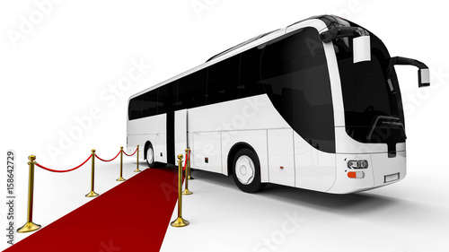 Zdjęcie XXL Czerwony dywan Autobus / 3D render obraz reprezentujący luksusowy autobus na końcu czerwonego dywanu