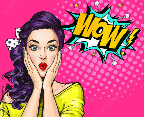 Plakat Pop-art ilustracja, zaskoczony girl.comic kobieta. Wow.Reklam reklamowy. Dziewczyna pop-artu. Zaproszenie na imprezę.
