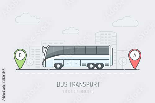 Bus on the city road driving on route labeled with A and B location markers. Vector illustration in line art color style © Zoran Milic